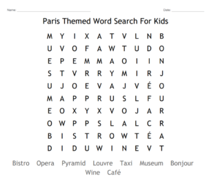 Paris Themed Word Search For Kids