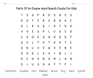 Parts Of An Engine Word Search Puzzle For Kids