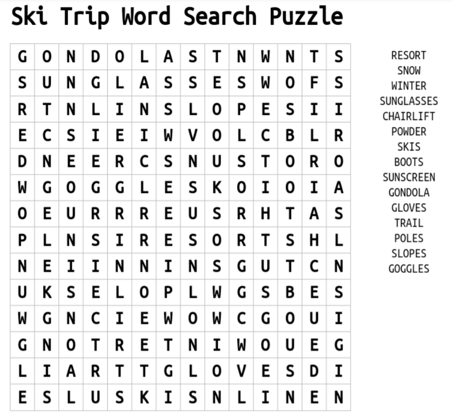 Ski Trip Word Search Puzzle 