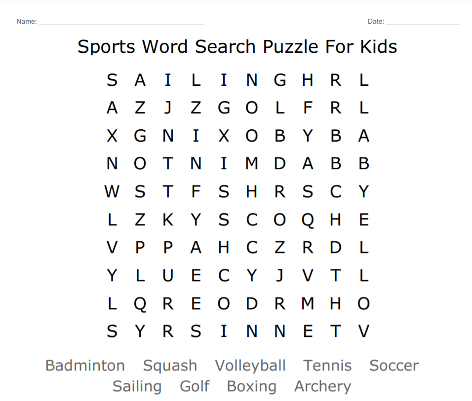 Sports Word Search Puzzle For Kids