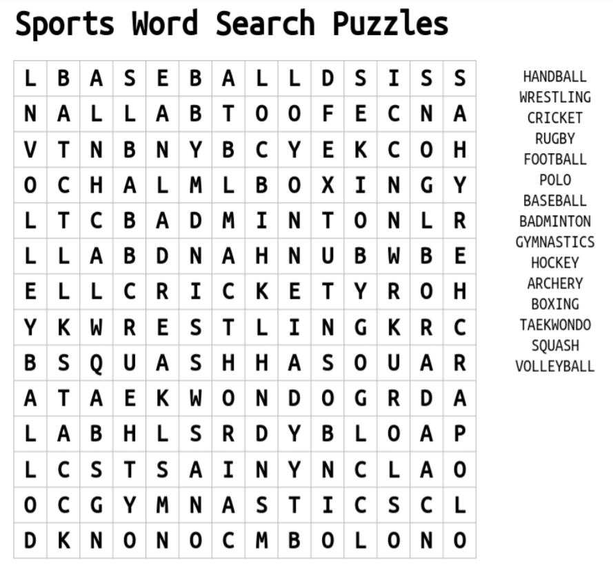 sports word search puzzle 