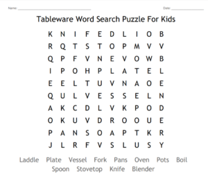 Tableware Word Search Puzzle For Kids 