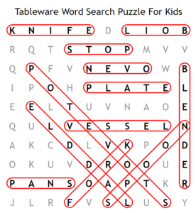 Tableware Word Search Puzzle For Kids Answers