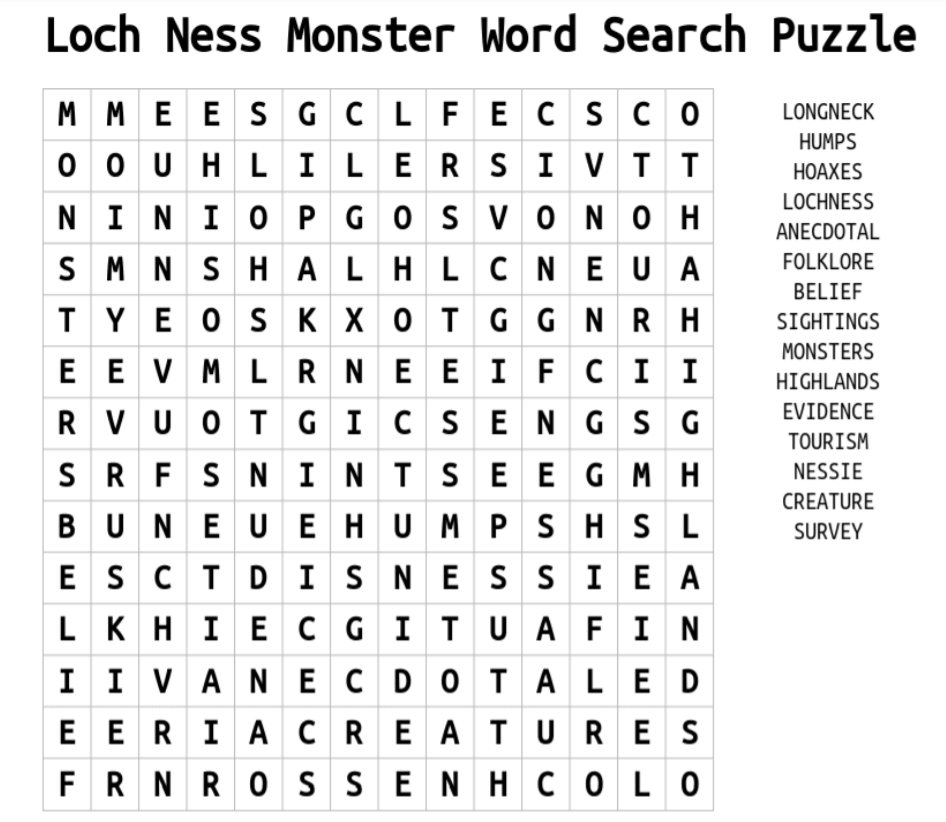 loch ness monster word search puzzle 