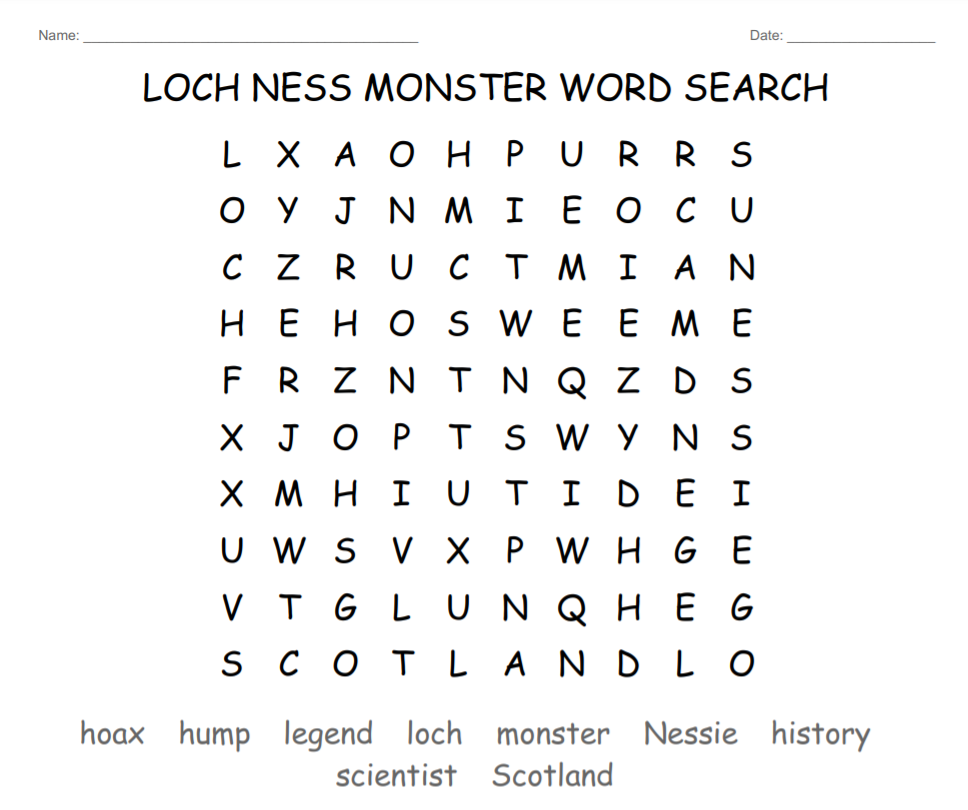 Loch Ness Monster Word Search 