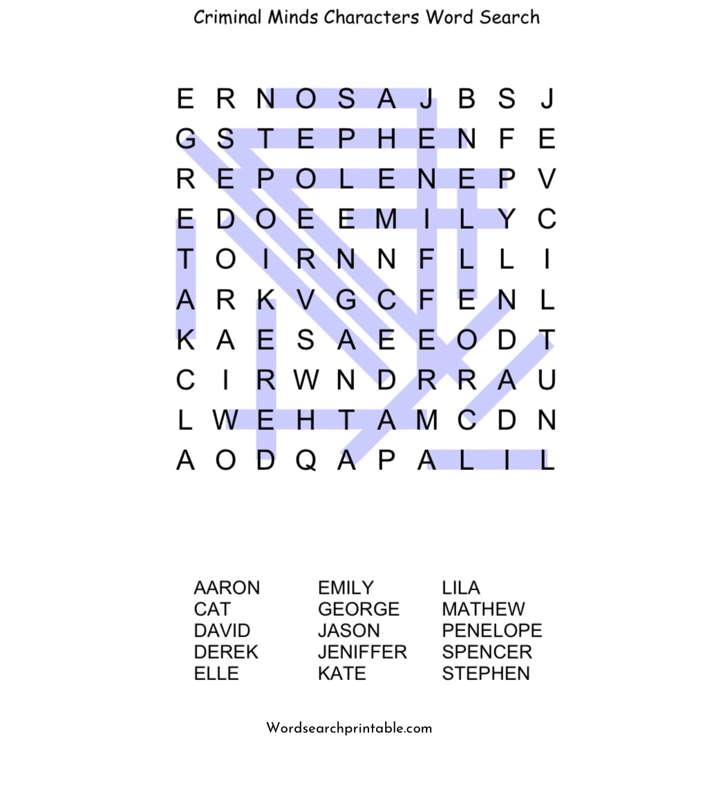 Criminal Minds Characters Word Search Solution