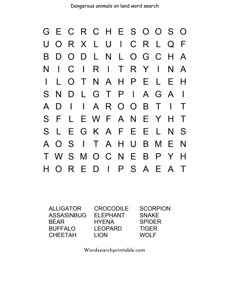 Dangerous animals on land word search