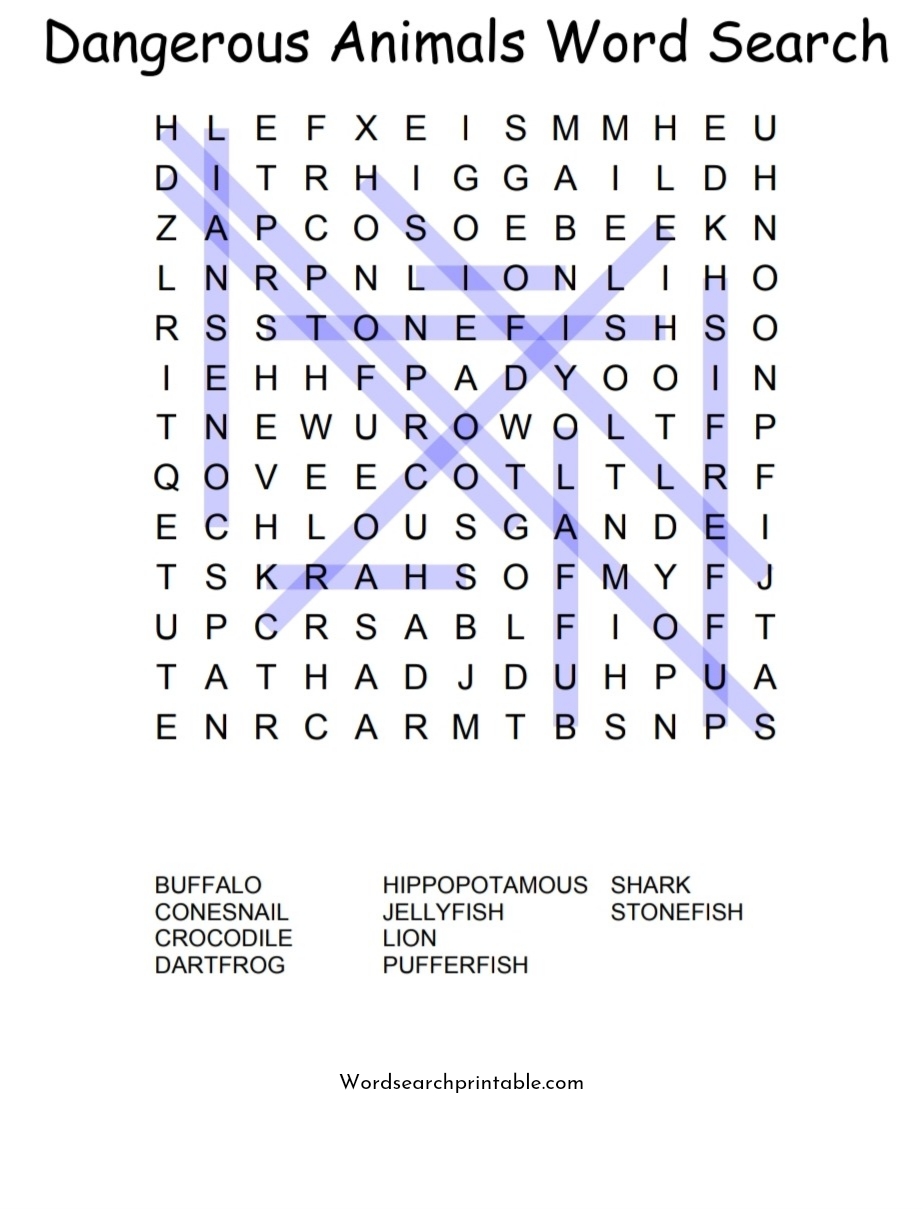 Dangerous animals word search solution