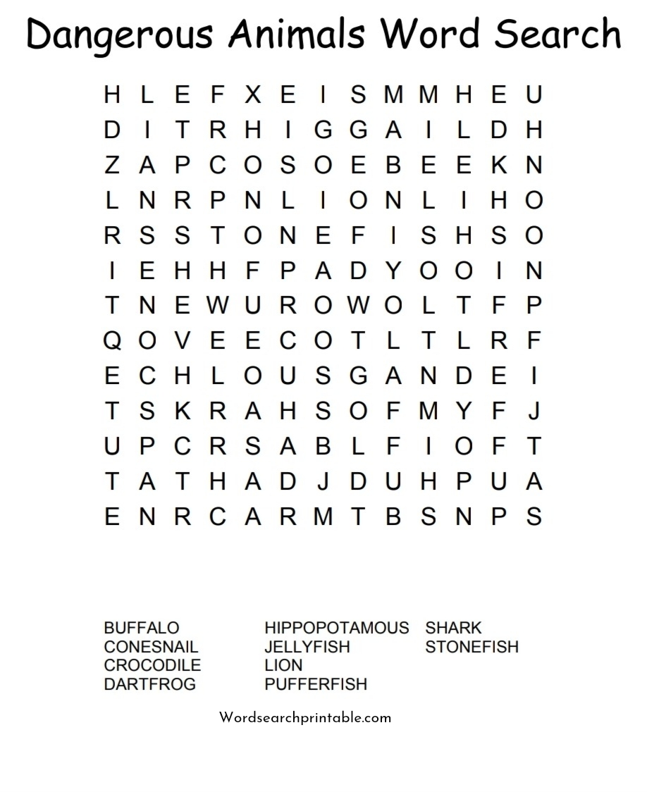 Dangerous animals word search