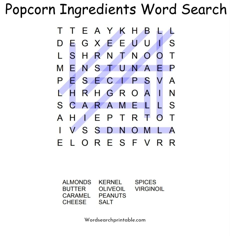 Popcorn Ingredients Word Search solution