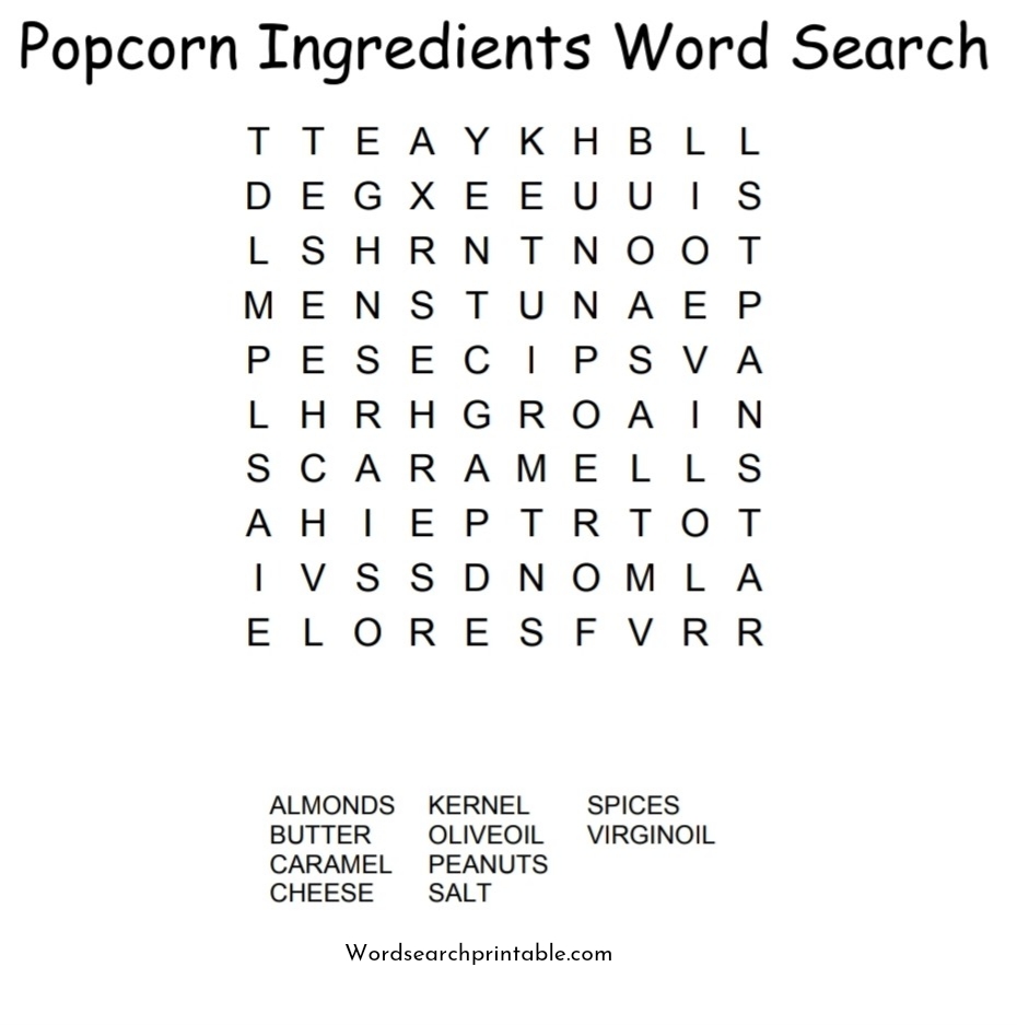 Popcorn Ingredients Word Search