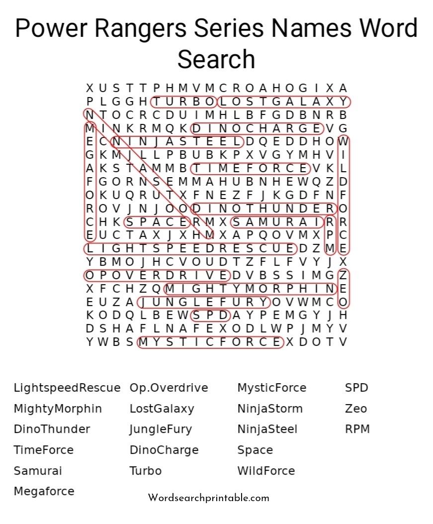 Power Rangers Series Names Word Search solution
