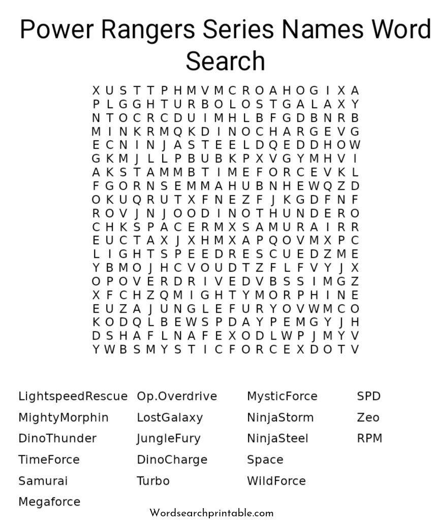Power Rangers Series Names Word Search