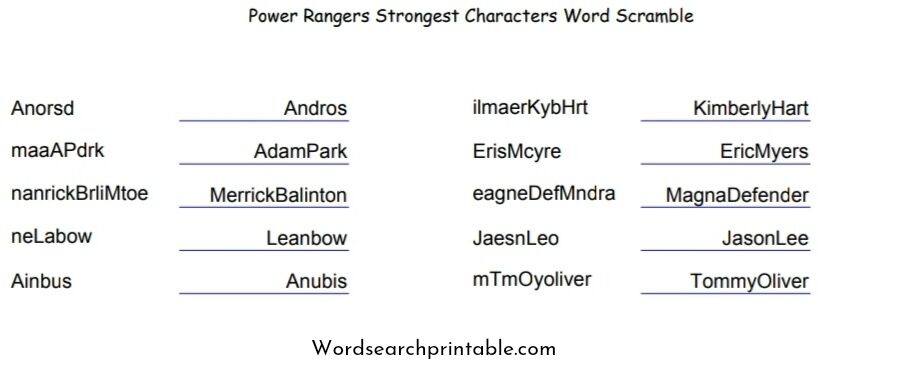 Power Rangers Strongest Characters Word Scramble solution