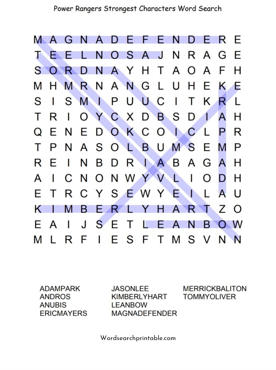 Power Rangers strongest Characters word search solution