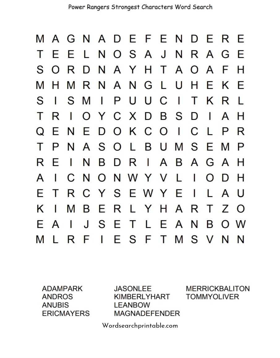 Power Rangers strongest Characters word search