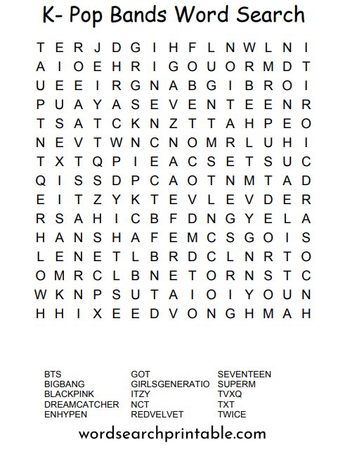 K Pop Bands word search puzzle
