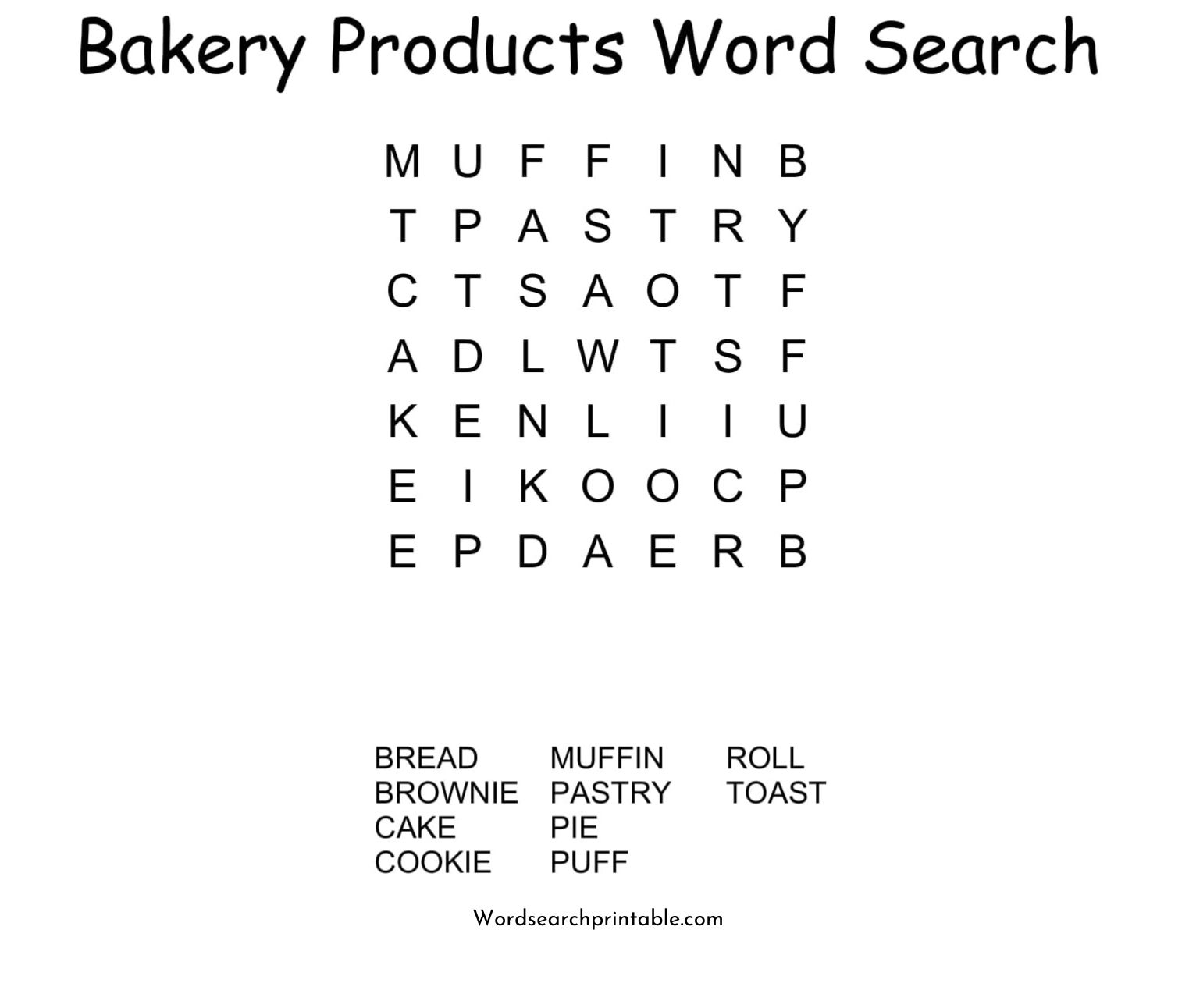 bakery products word search puzzle