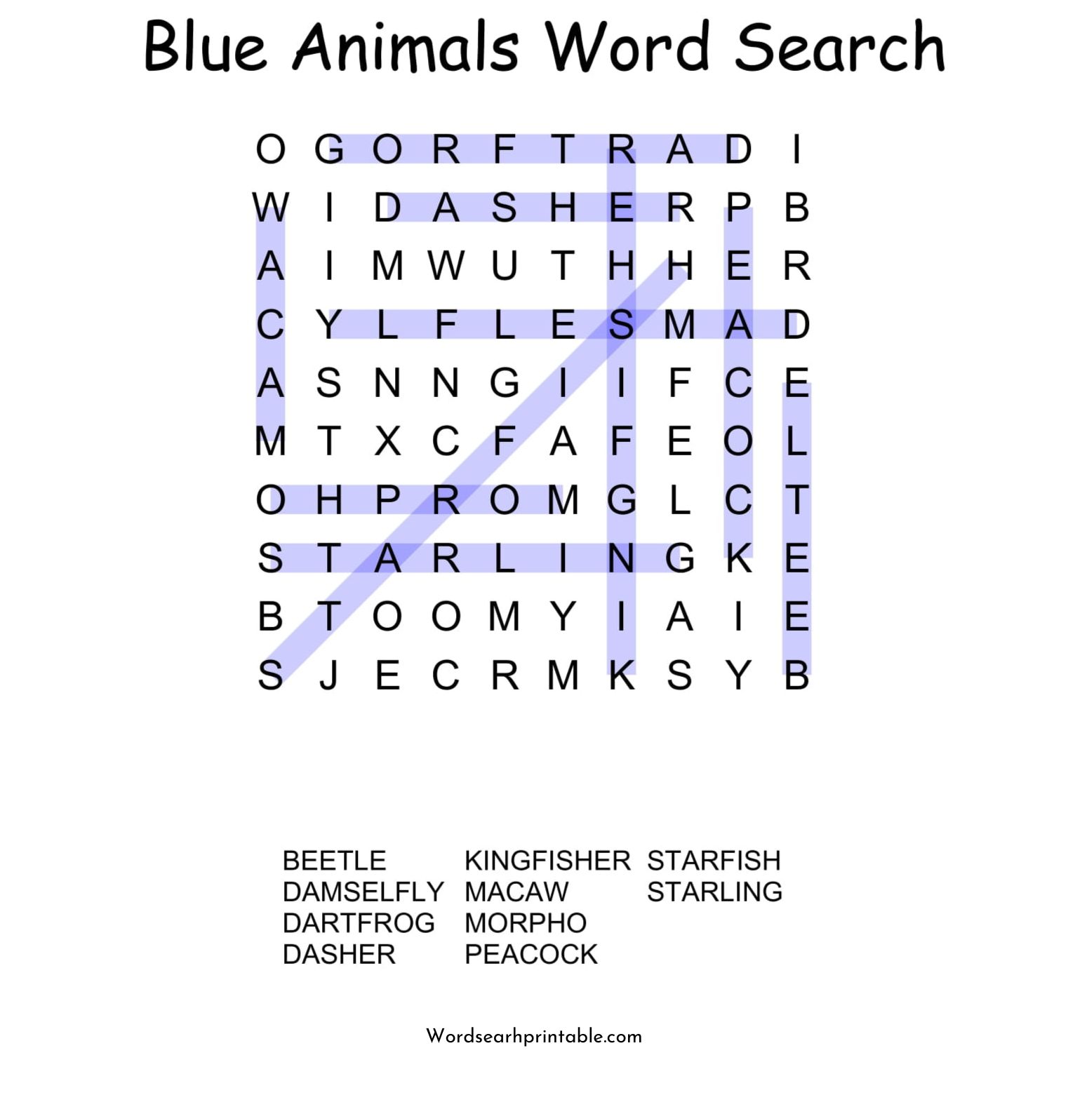 blue animals word search puzzle solution