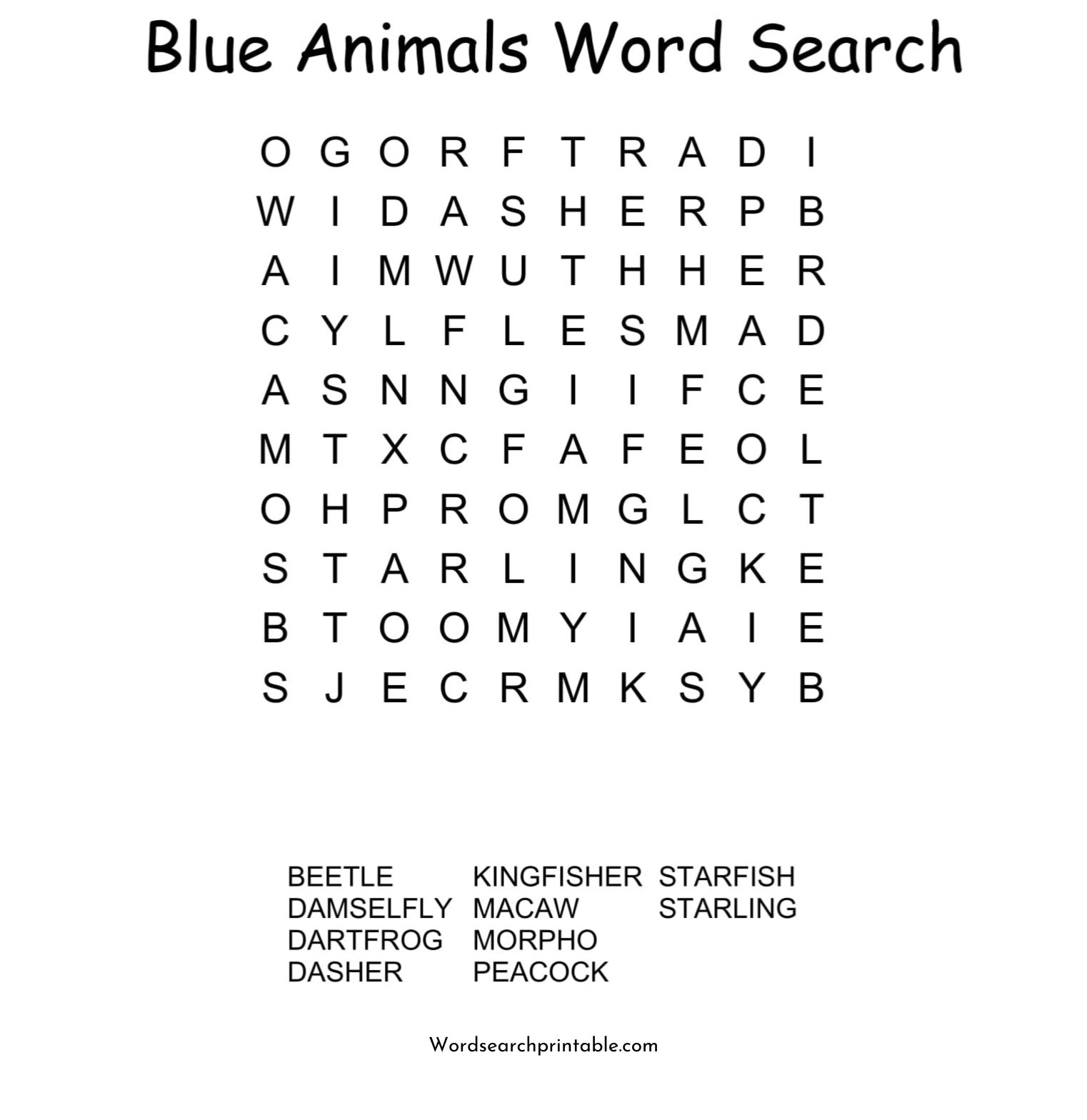 blue animals word search puzzle