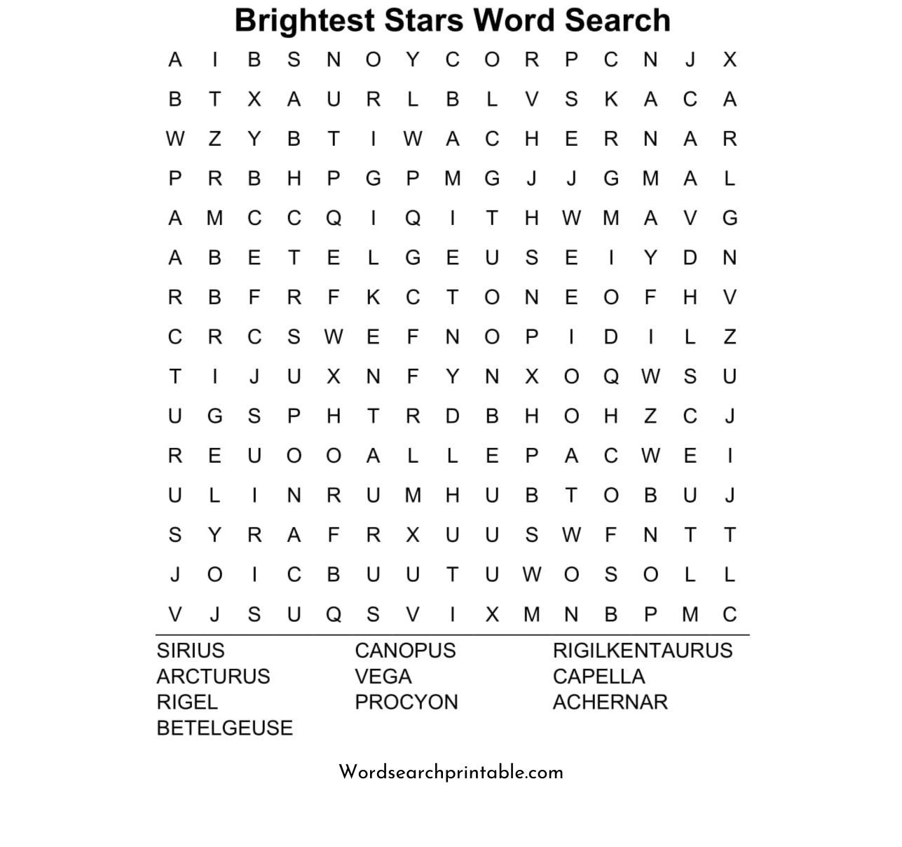 brightest stars word search puzzle
