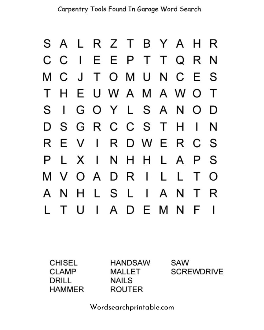 Carpentry tools found in garage word search puzzle