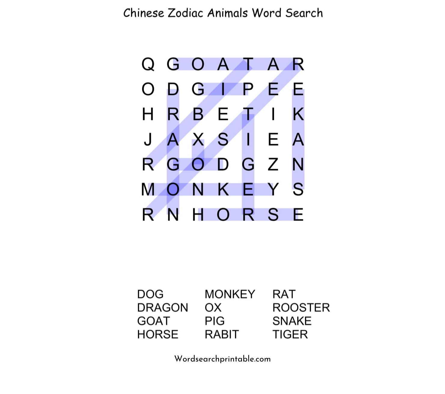 chinese zodiac animals word search puzzle solution