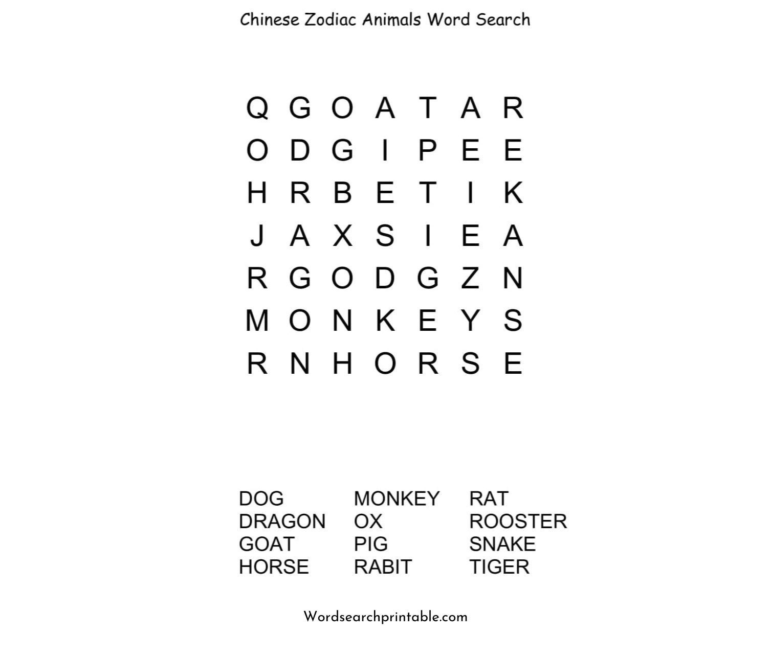 chinese zodiac animals word search puzzle