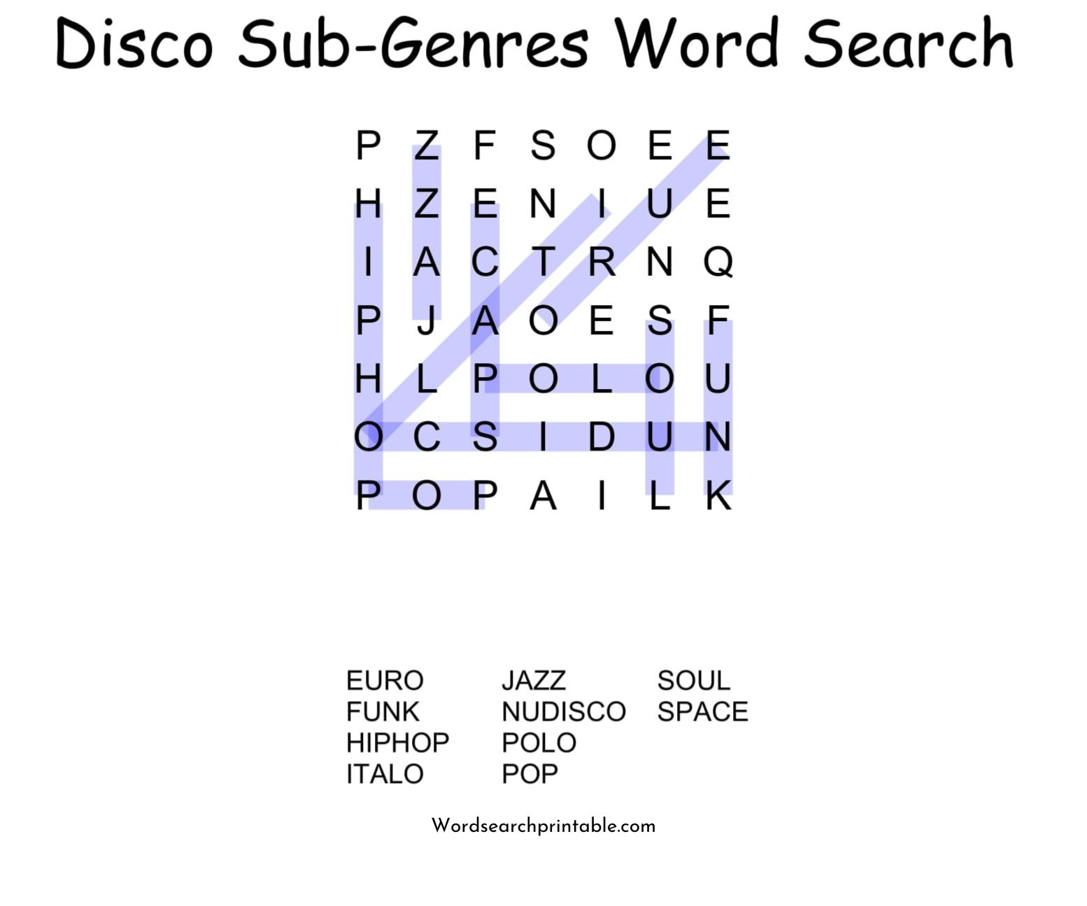 disco sub genres word search puzzle solution