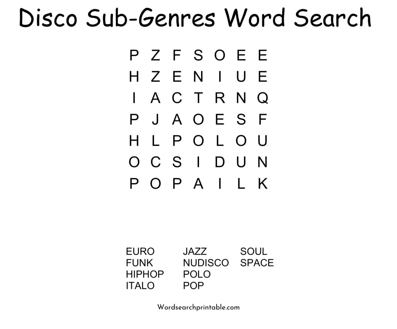 disco sub genres word search puzzle