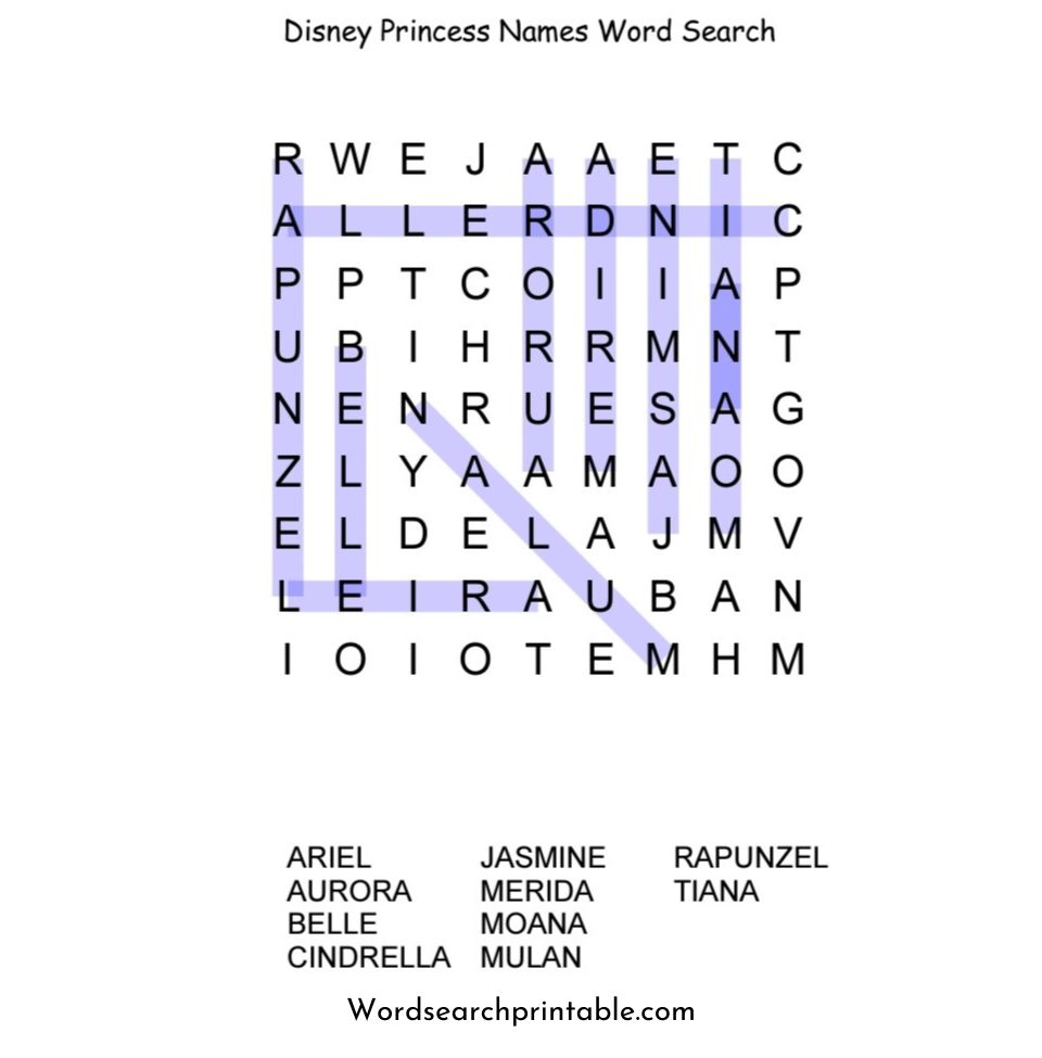 disney princess names word search puzzle solution
