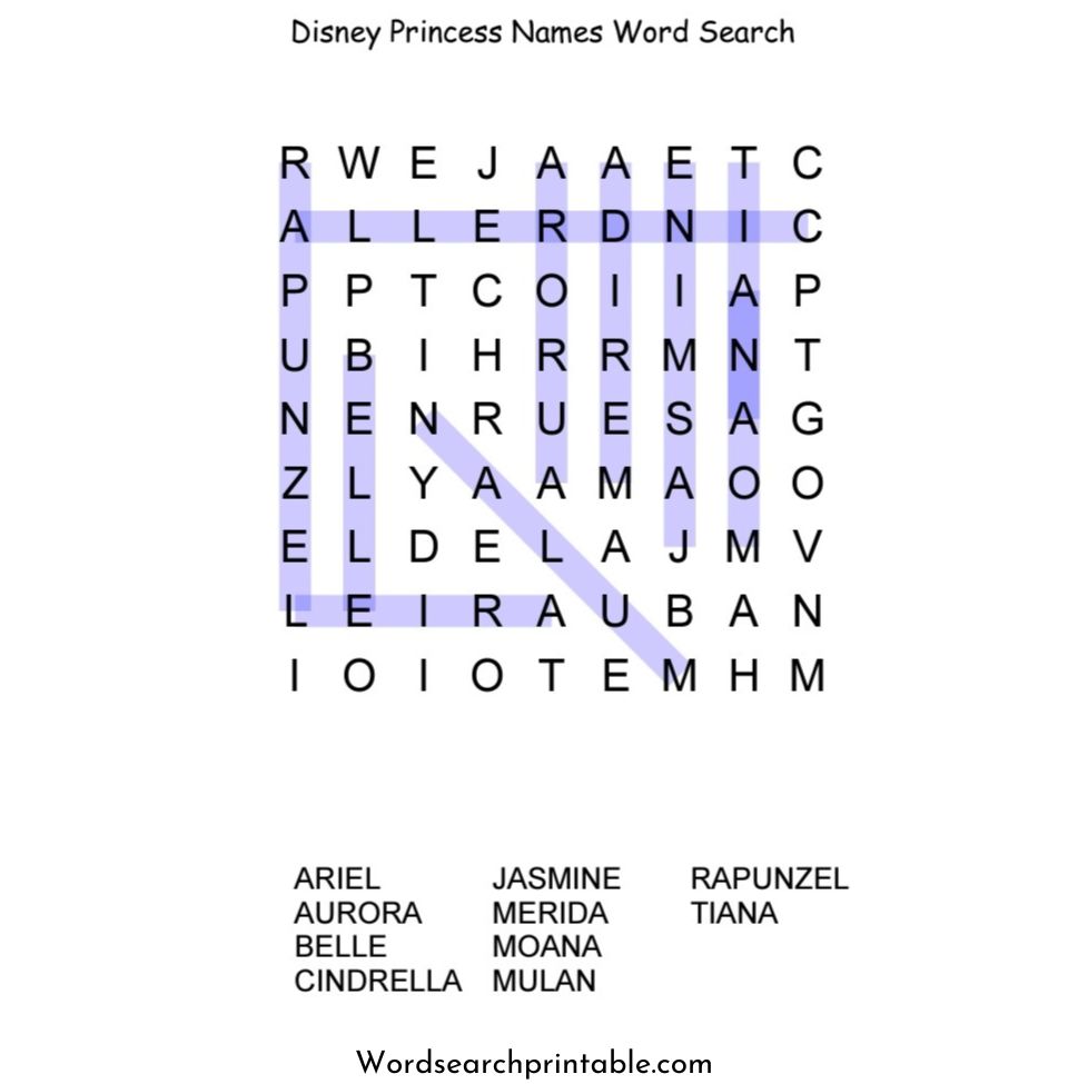 disney princess qualities word search puzzle solution