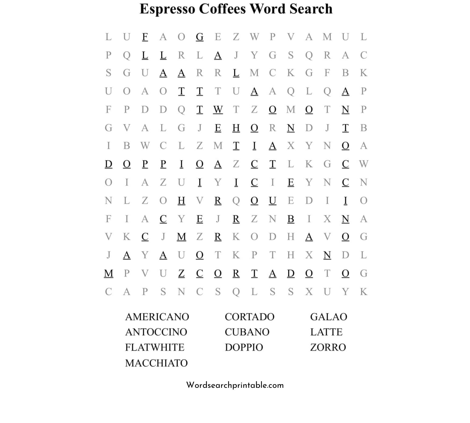 espresso coffees word search puzzle solution