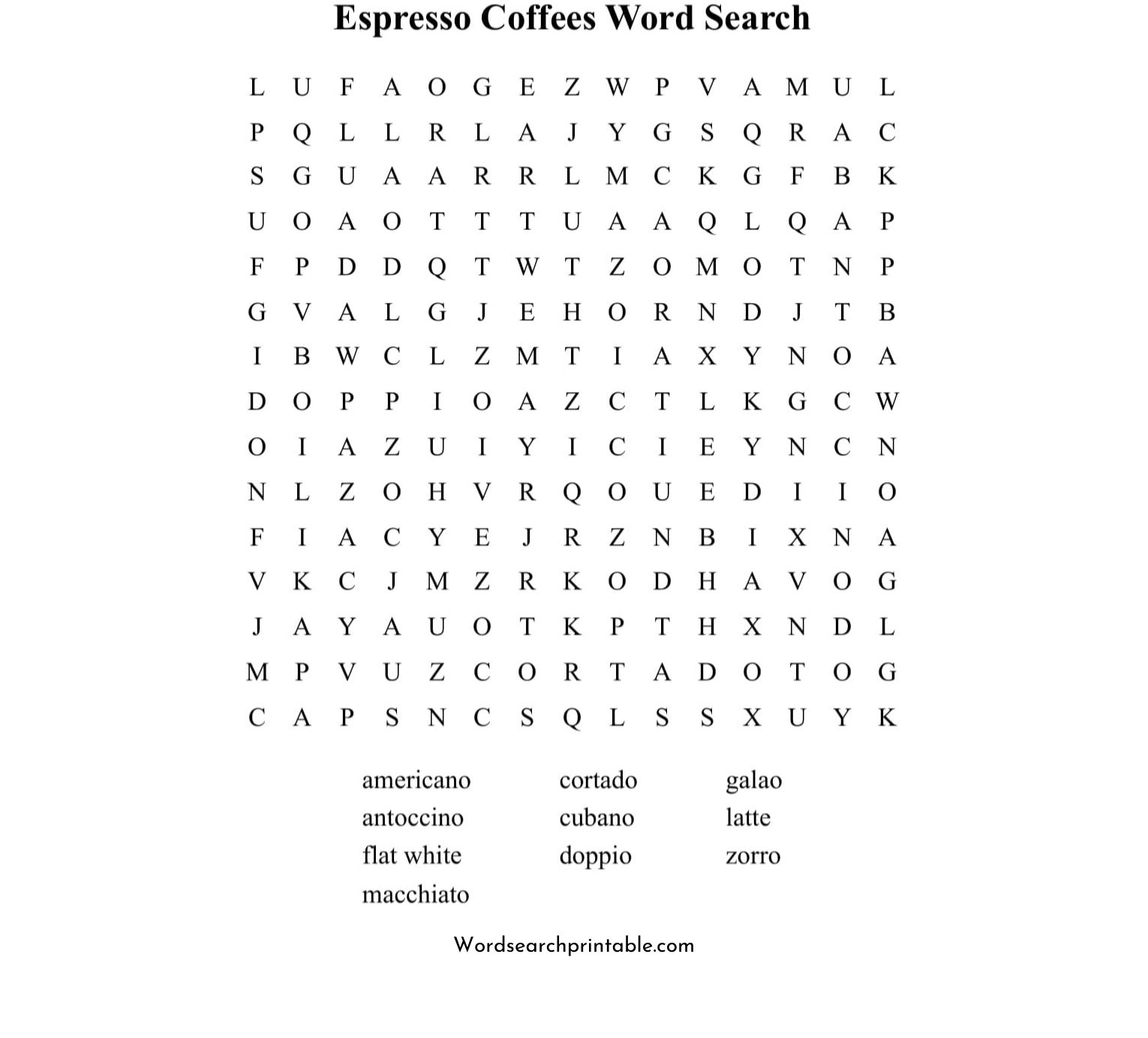 espresso coffees word search puzzle