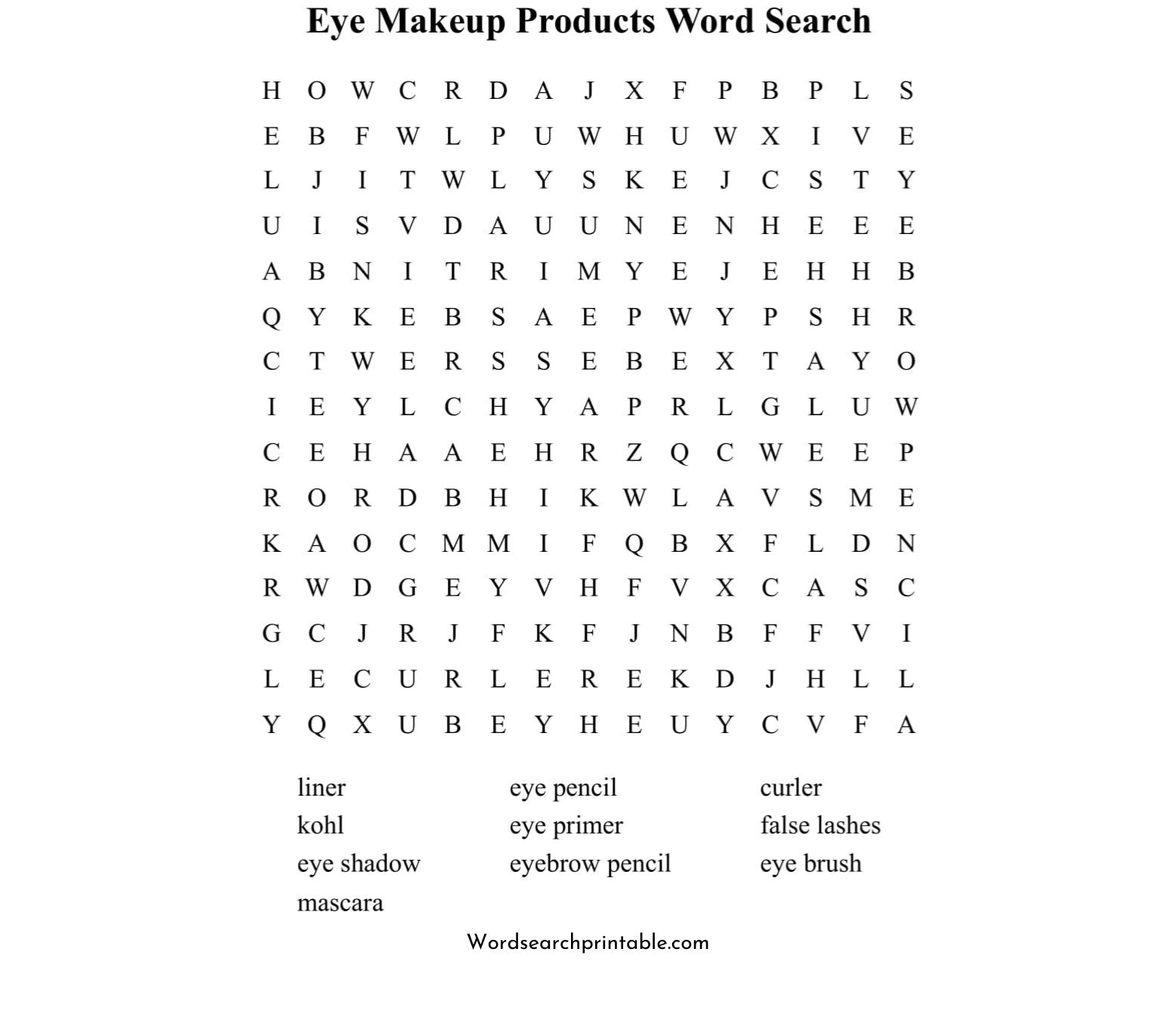 eye makeup products word search puzzle