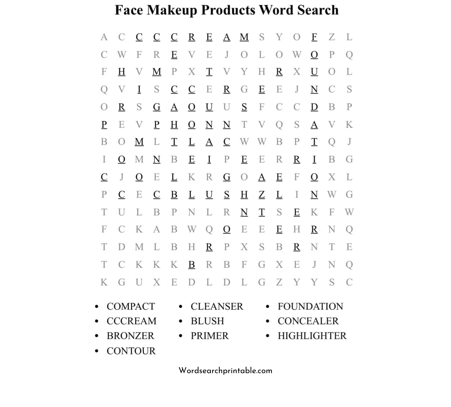 face makeup products word search puzzle solution