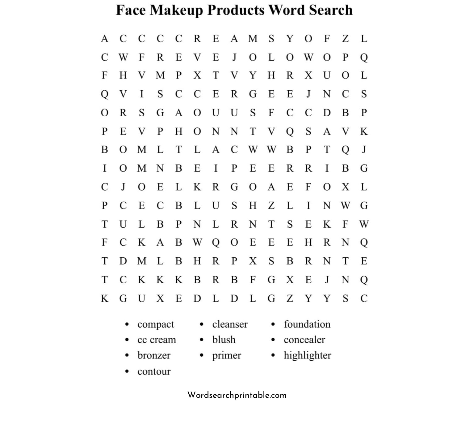 face makeup word search puzzle