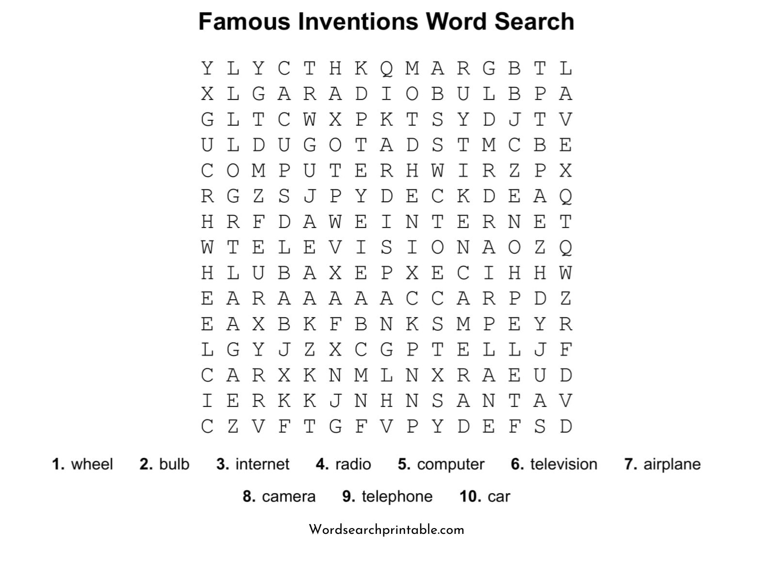 famous inventions word search puzzle
