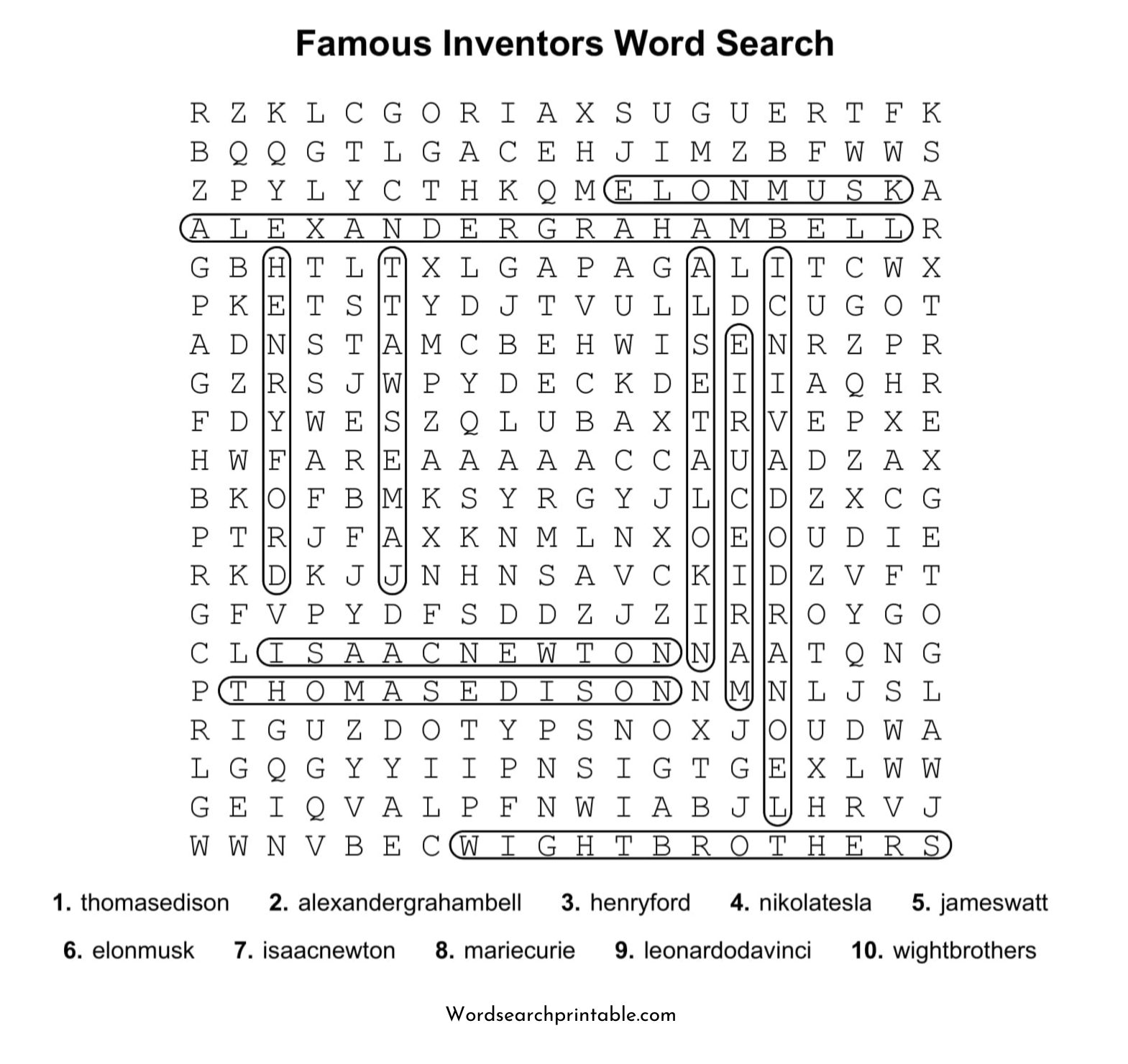 famous inventors word search puzzle solution