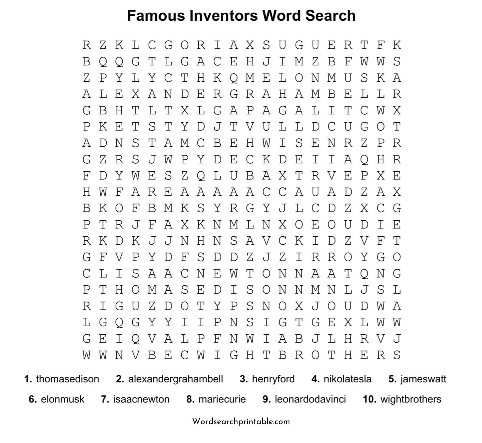 famous inventors word search puzzle