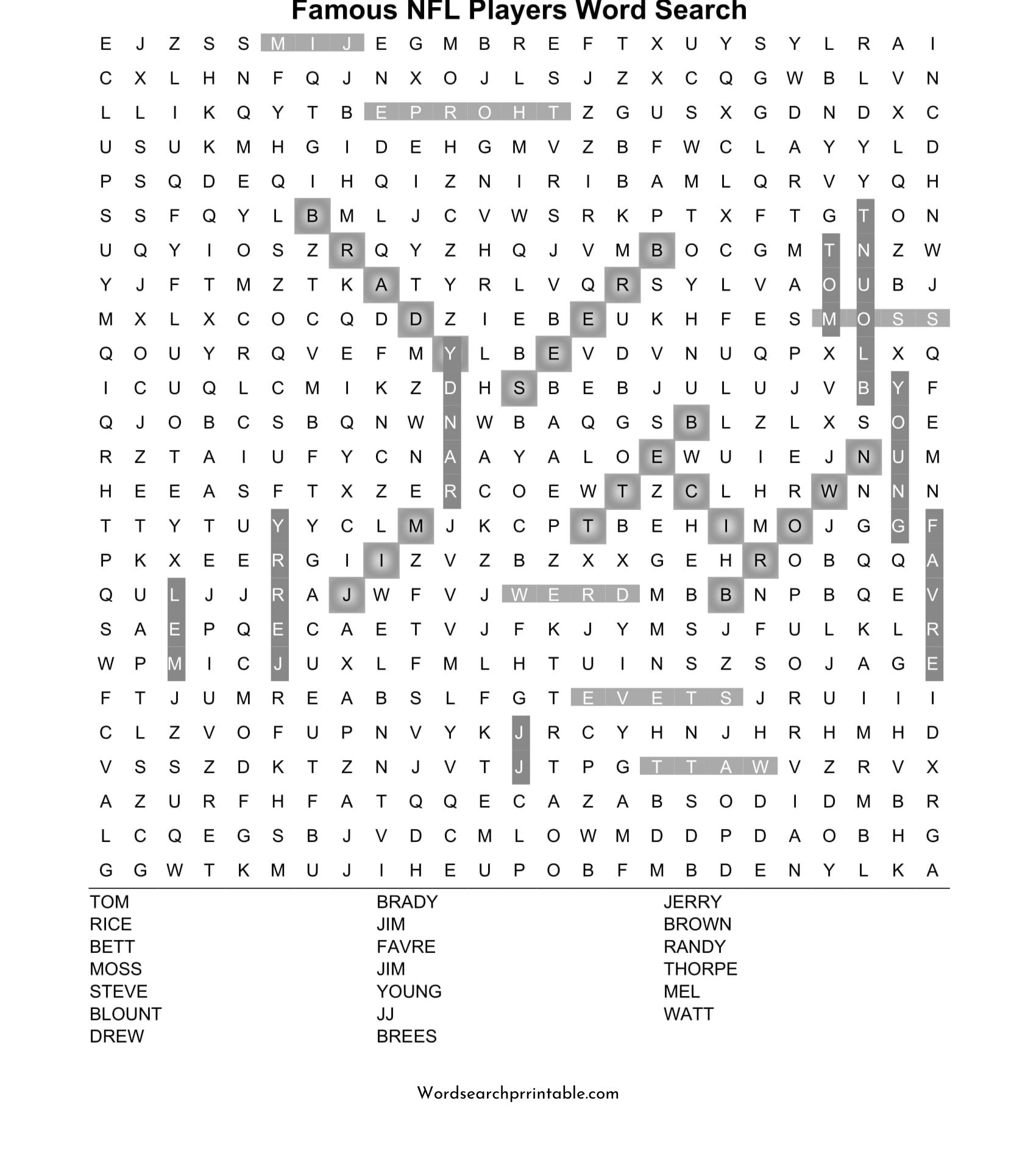 famous nfl players word search puzzle solution