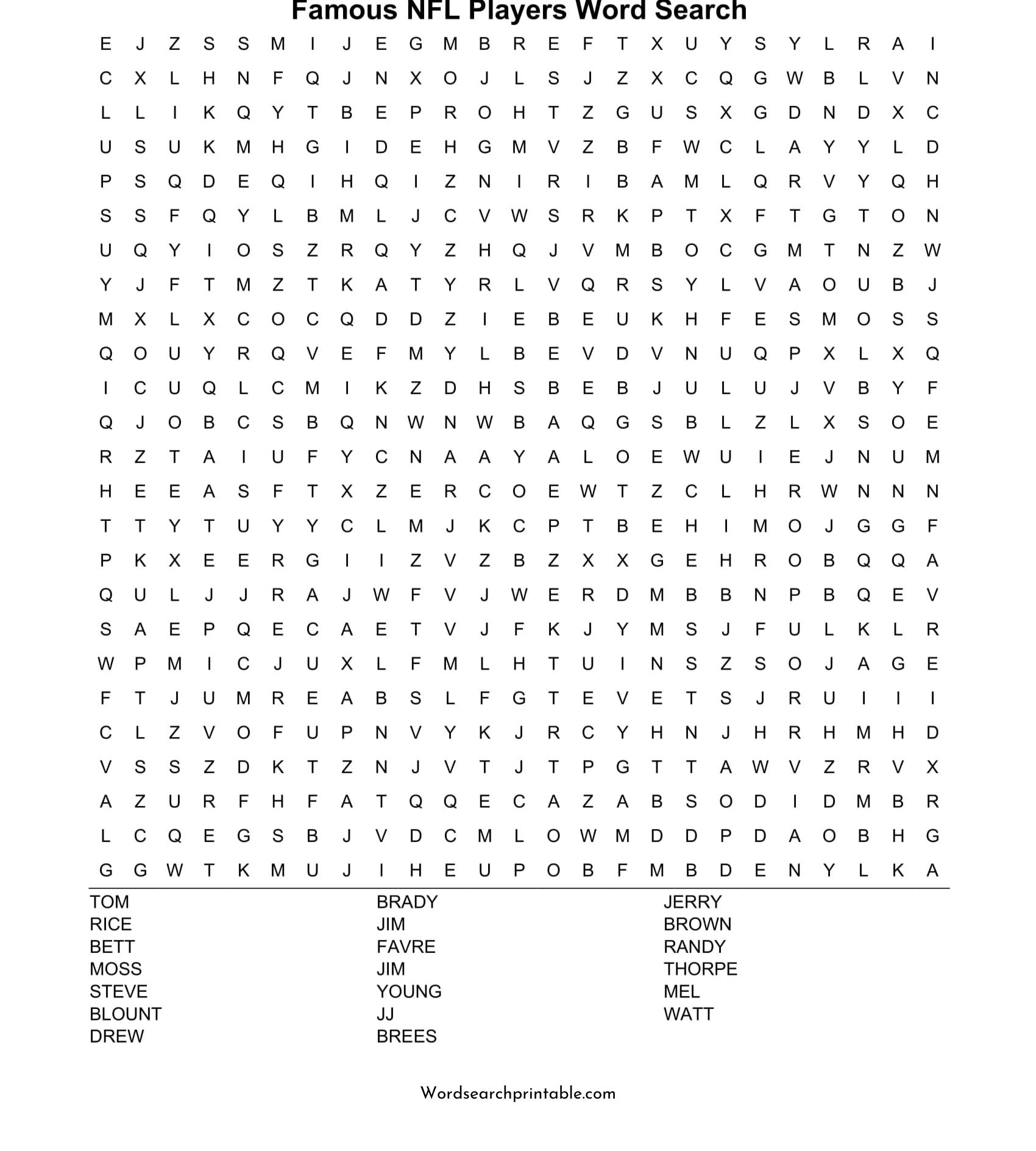 famous nfl players word search puzzle