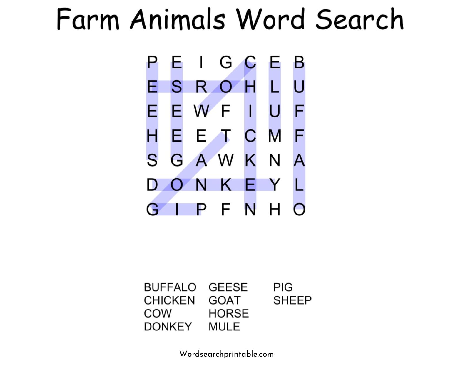 farm animals word search puzzle solution
