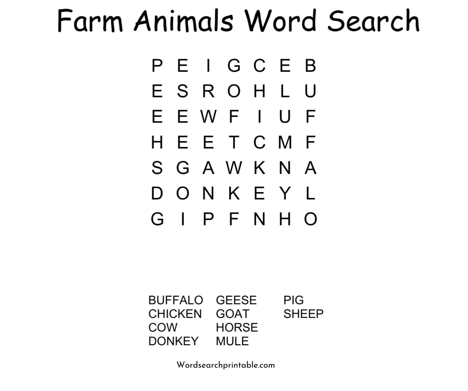 farm animals word search puzzle