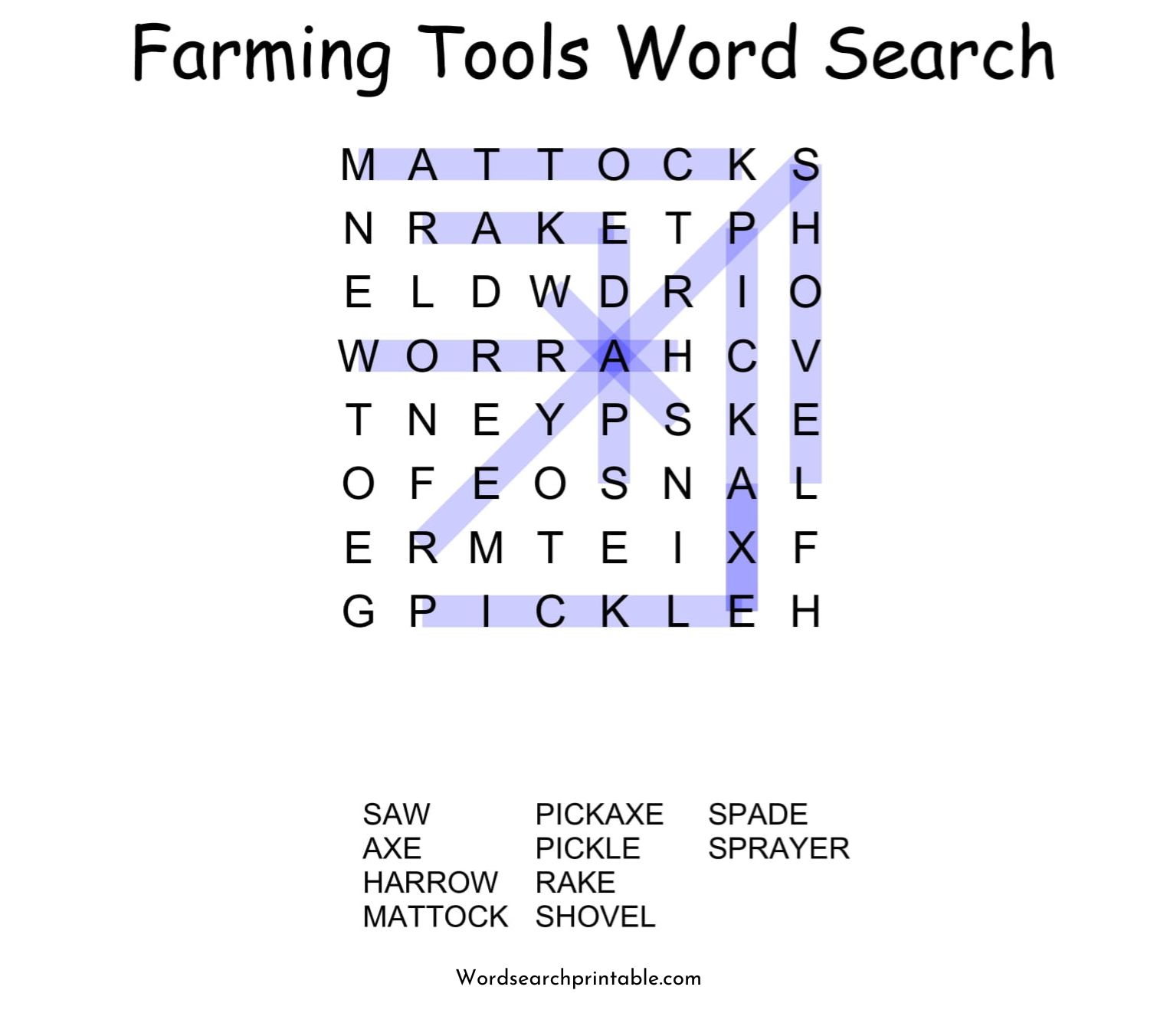 farming tools word search puzzle solution