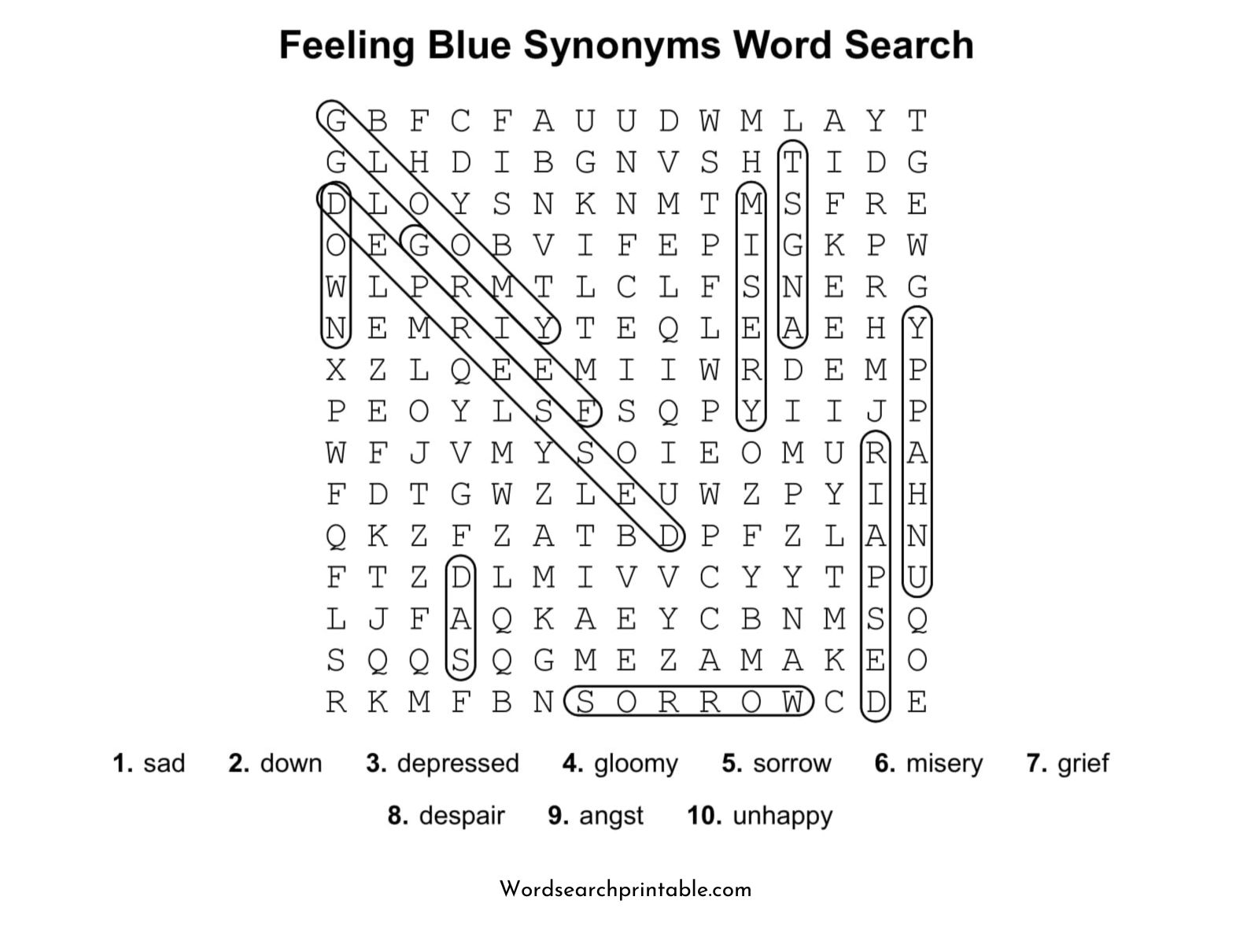 feeling blue synonyms word search puzzle solution