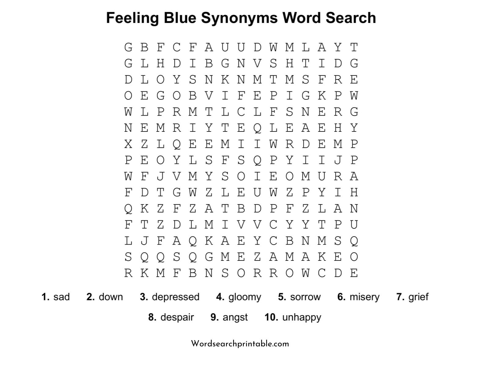 feeling blue synonyms word search puzzle