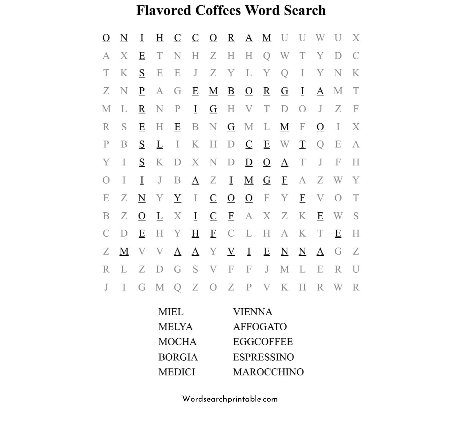 flavored coffees word search puzzle solution