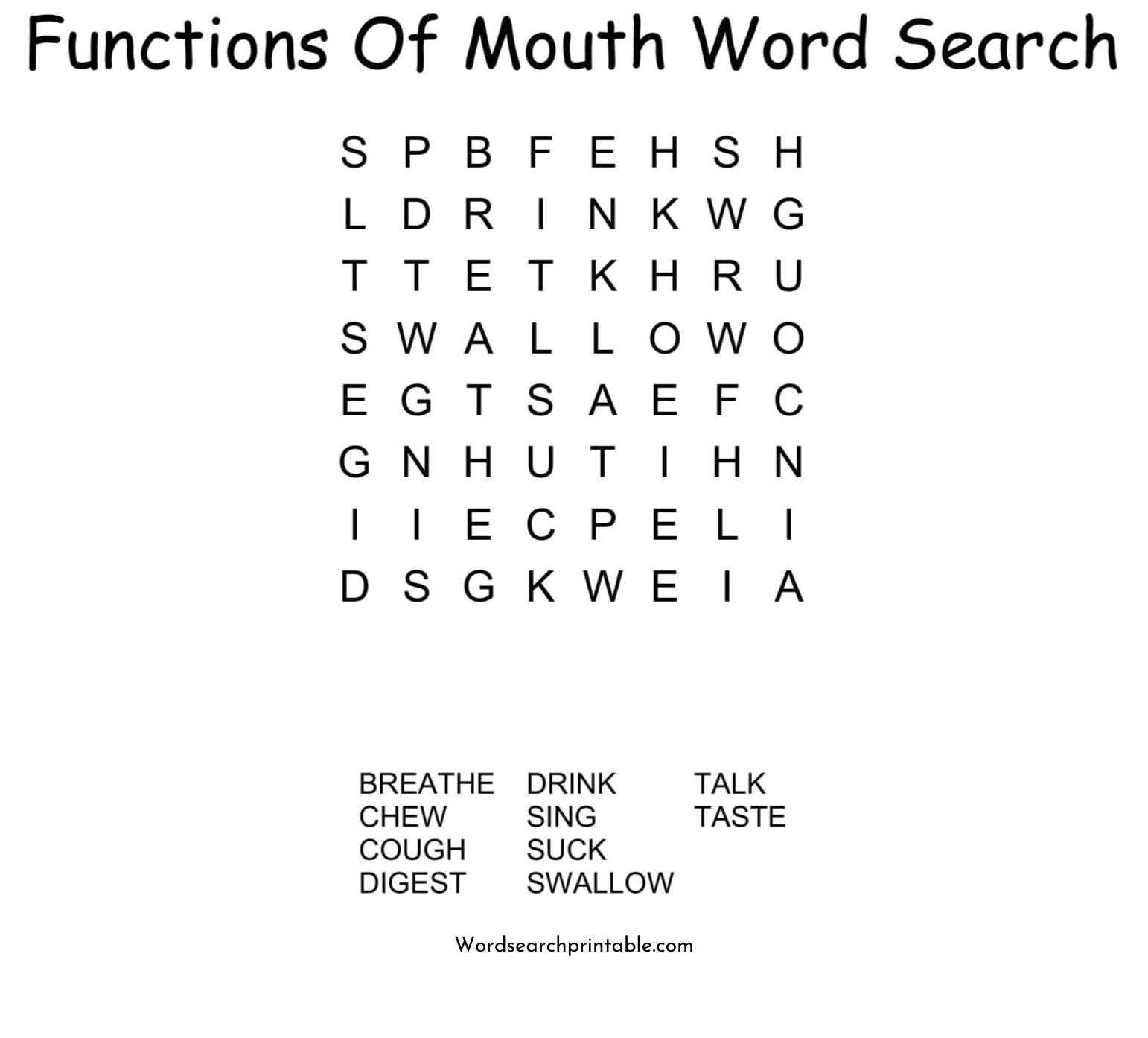 functions of mouth word search puzzle