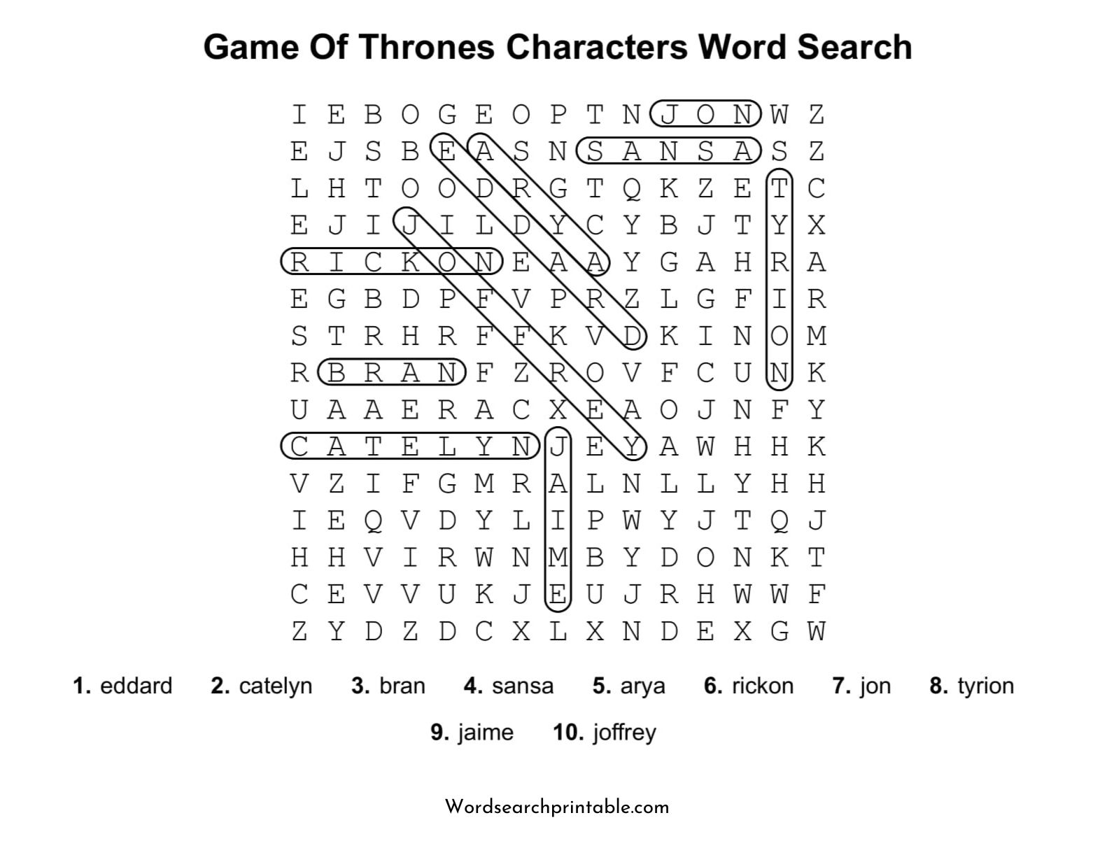 game of thrones characters word search puzzle solution